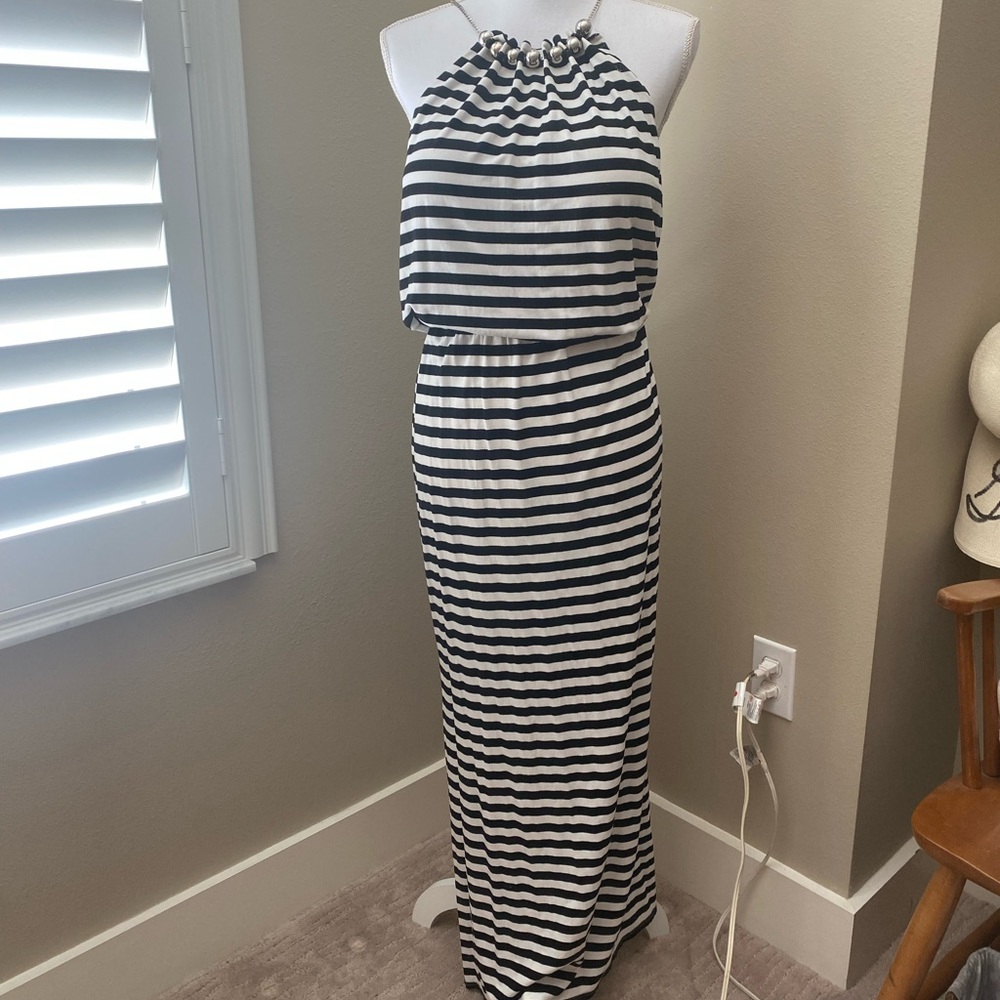 White House Black Market black and white striped maxi